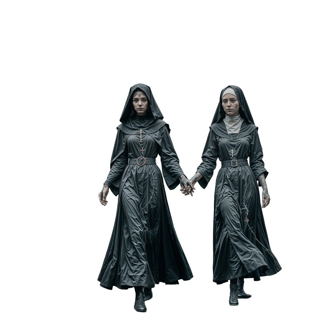 Young Witch and Nun Holding Hands in Woods