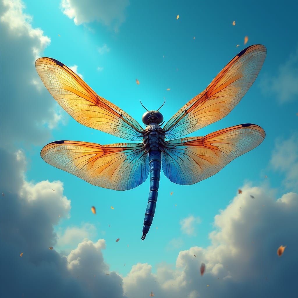 Vibrant Dragonfly Wings in a Turquoise Sky, Mystical Realm
