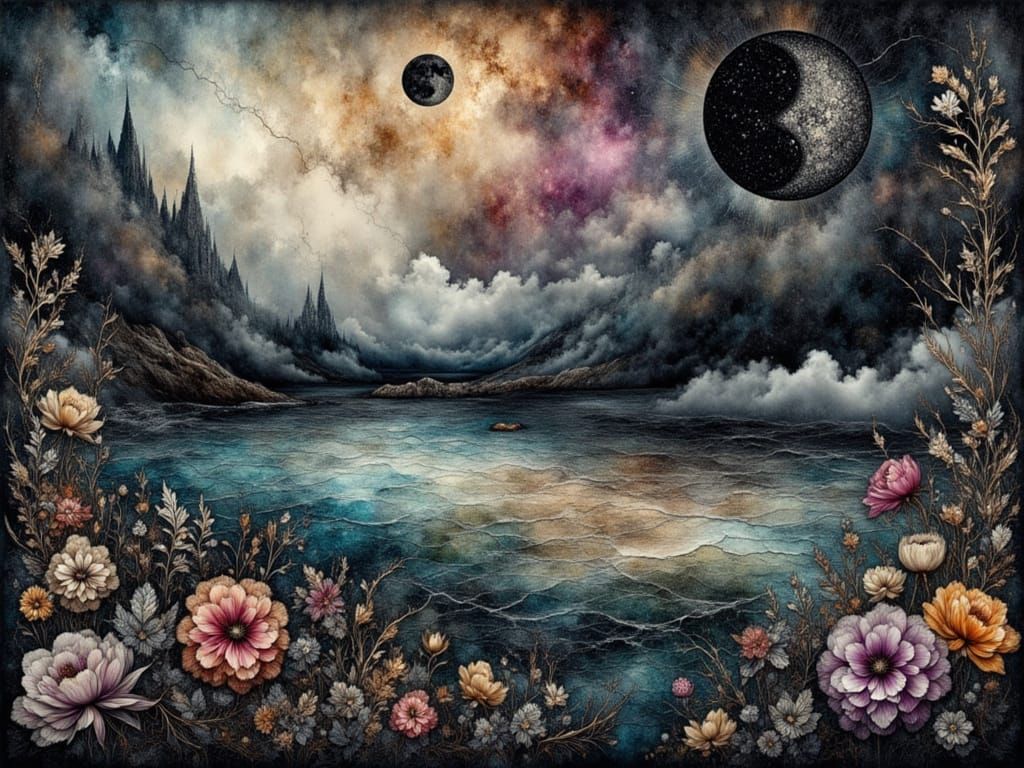Black Moon Over Watercolor Cracked Landscape with Lace Flowe...