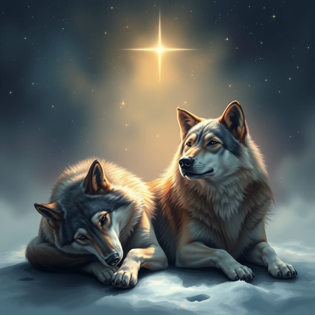 Digital Wolves Under Starry Night Sky
