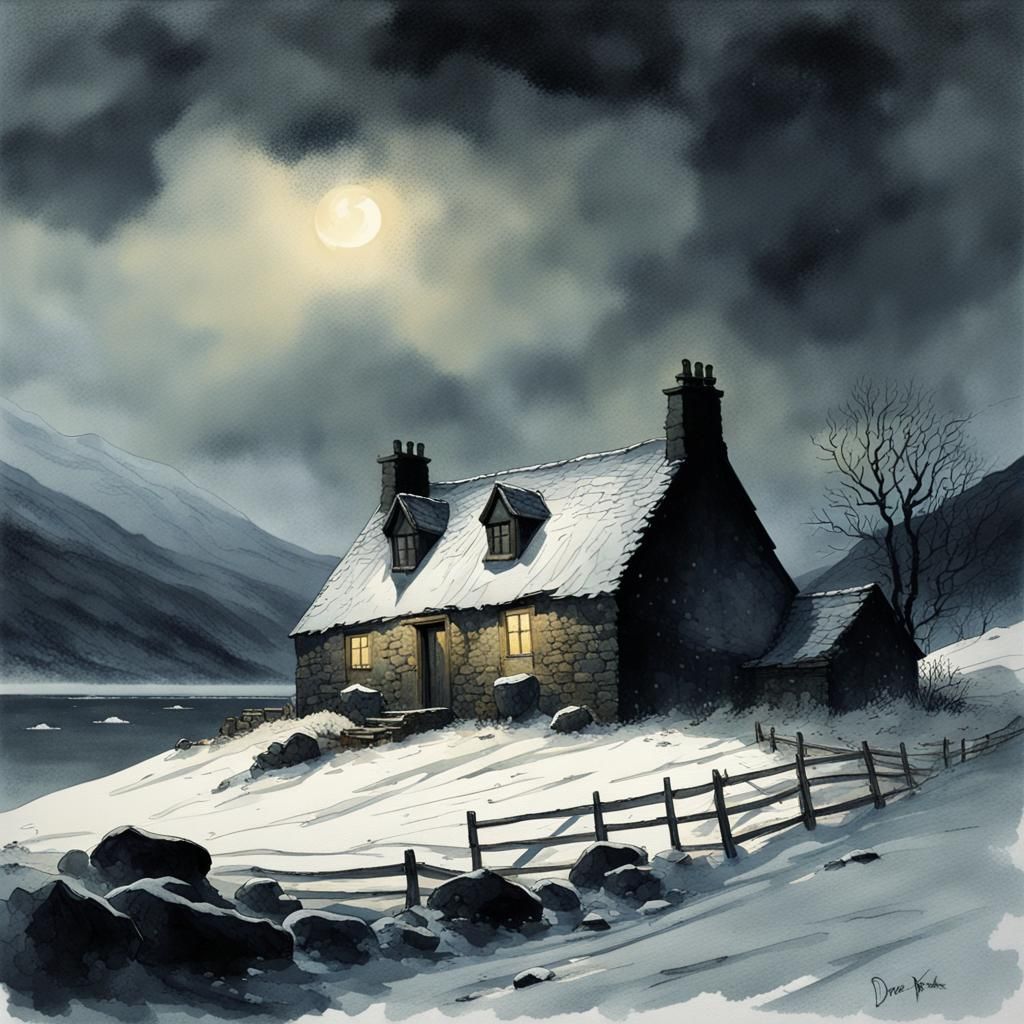Snowy Croft House: Moody Watercolor Painting