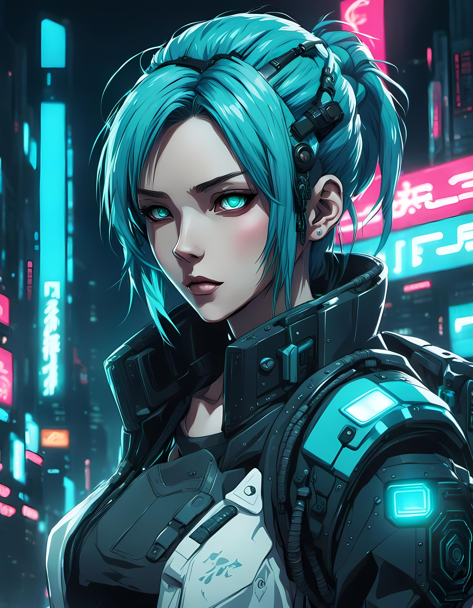 Cyberpunk anime girl, cyan colors