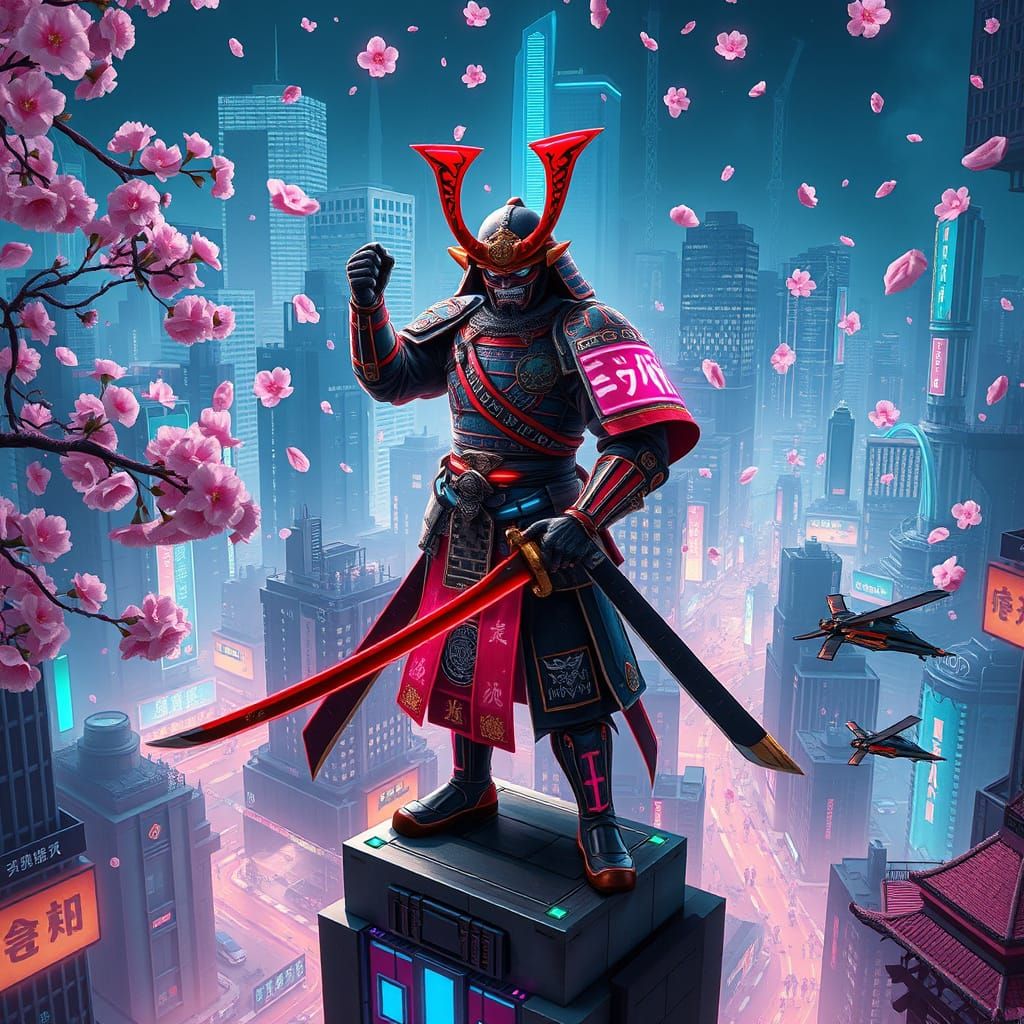 Cyberpunk Samurai Warrior in Futuristic Cityscape
