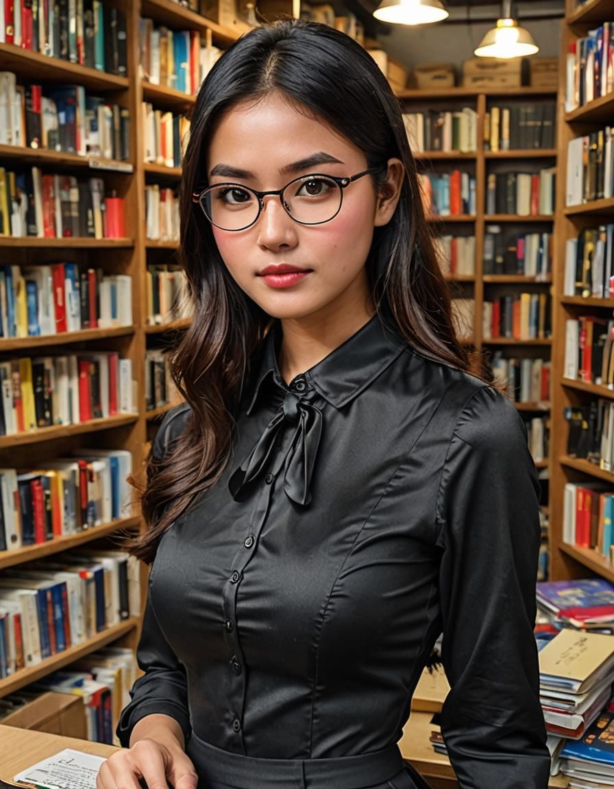 Indonesian Shop Assistant in Bookshop: RAW Photo