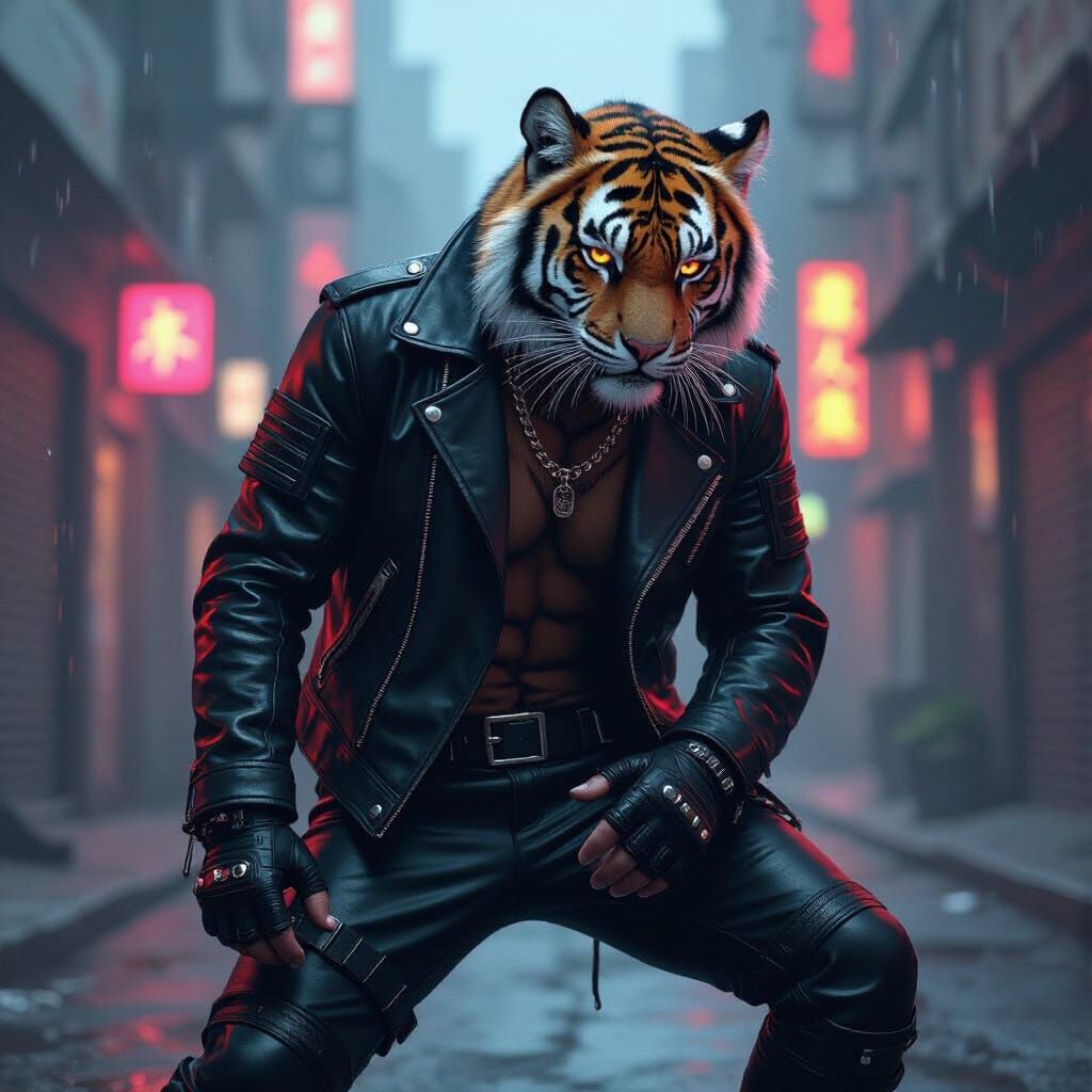 Fierce Tiger K-Pop Idol in Cyberpunk Urban Scene