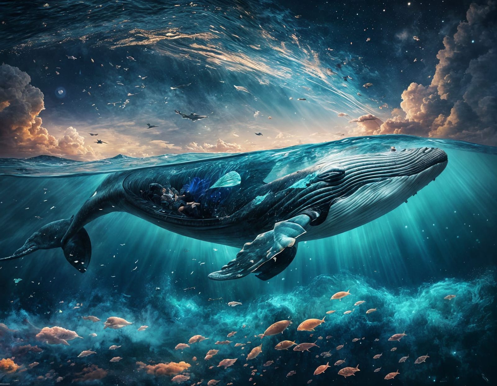 Whale Swimming Through Cosmos in Double Exposure