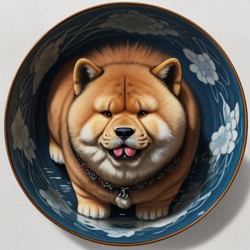 A big puffy chow chow with sep-set almond eyes, a red and cinnamon coat and mane of fur around his neck. He has his blue...