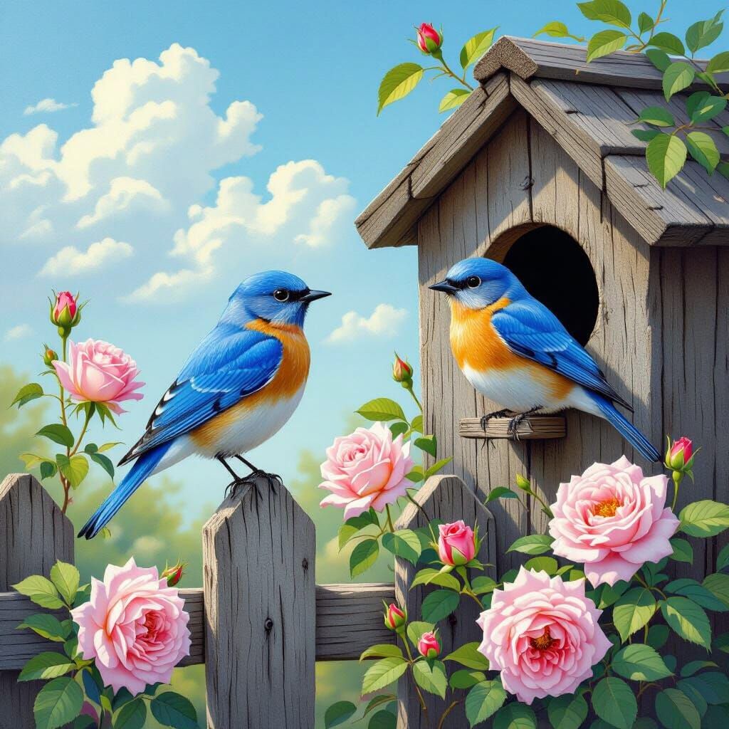 Two Bluebirds by a Roses-Covered Birdhouse