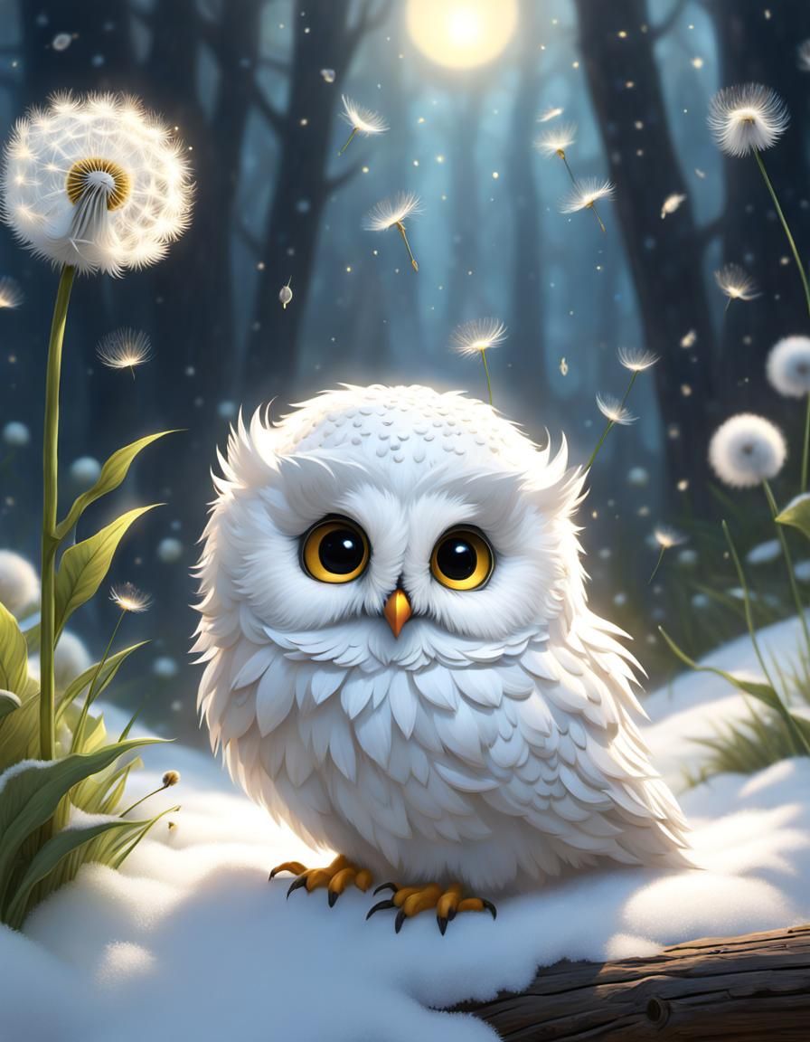 Cute Dandelion Snow Owl in Detailed Digital Art