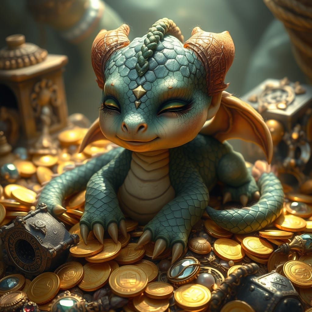 Whimsical Baby Dragon Dreams Among Treasure Hoard
