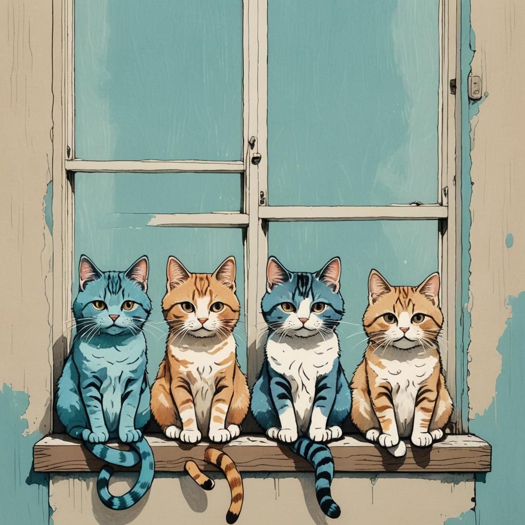 Four Cats on a Ledge: Kawaii Chibi Ukiyo-e Style