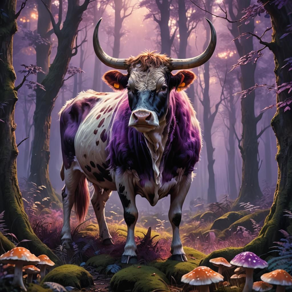 Fuzzy Cow in Mystical Forest: Fantasy Matte Painting