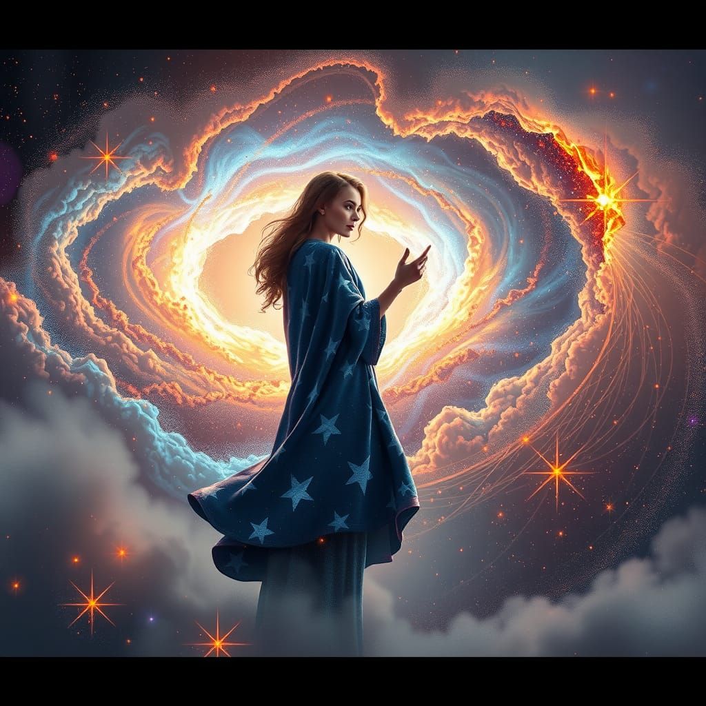 Woman Creates Galaxy with Brush, Digital Art