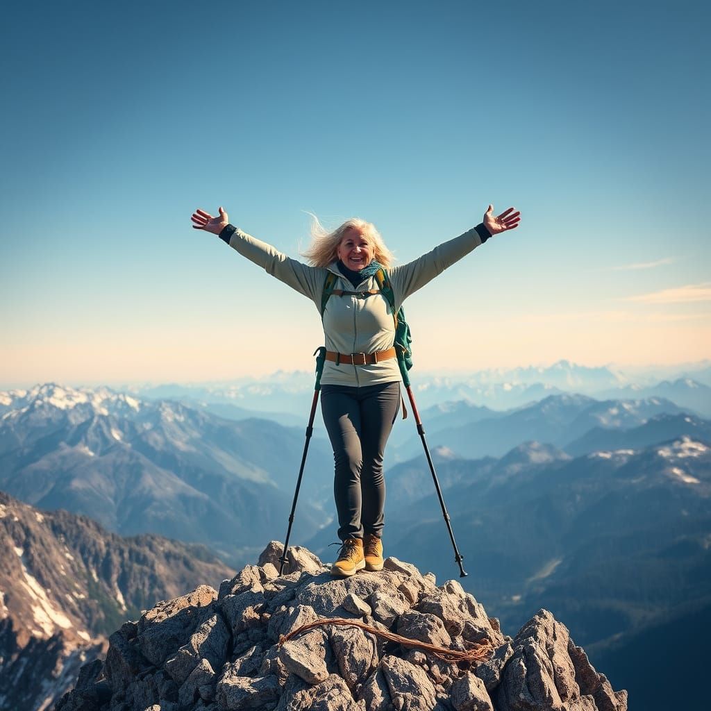 Triumphant Elderly Woman Hiker on Mountain Peak