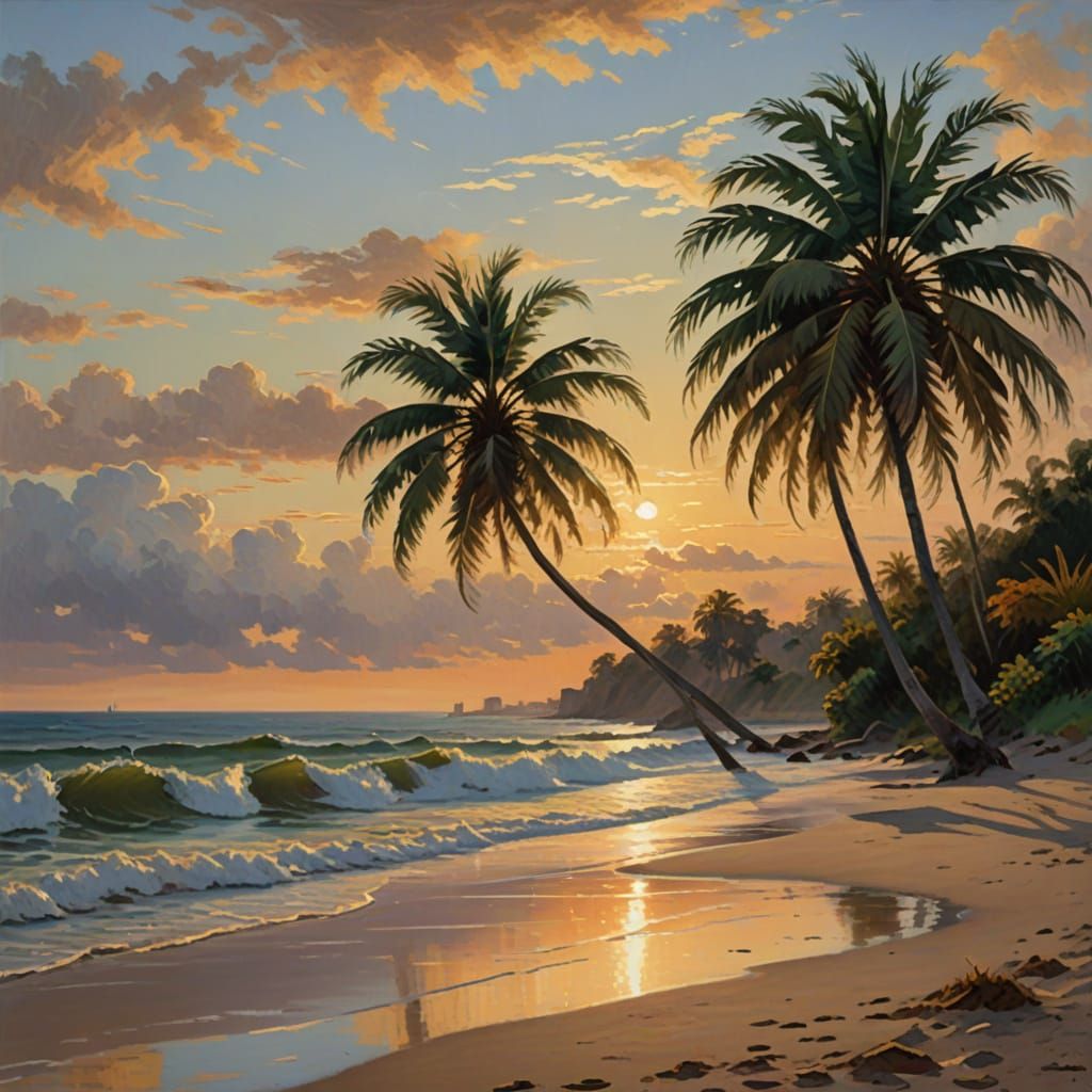 Surreal Tropical Paradise at Sunset with Palm Trees