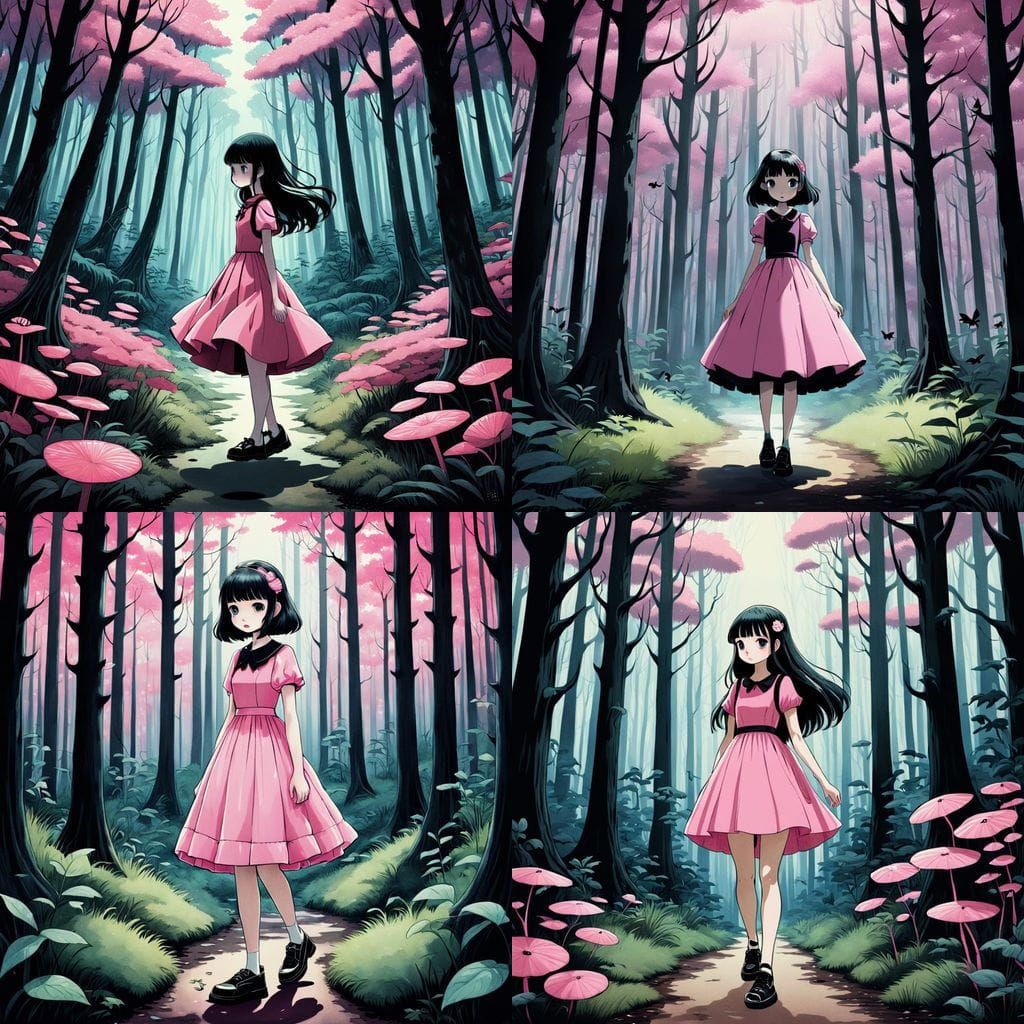 Whimsical Girl in Pink Forest Wonderland