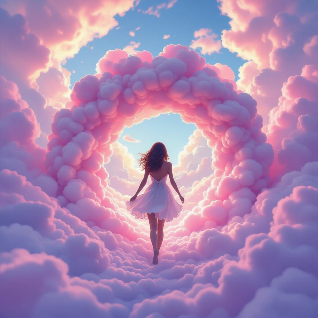 Woman Stepping Through a Cotton Candy Portal