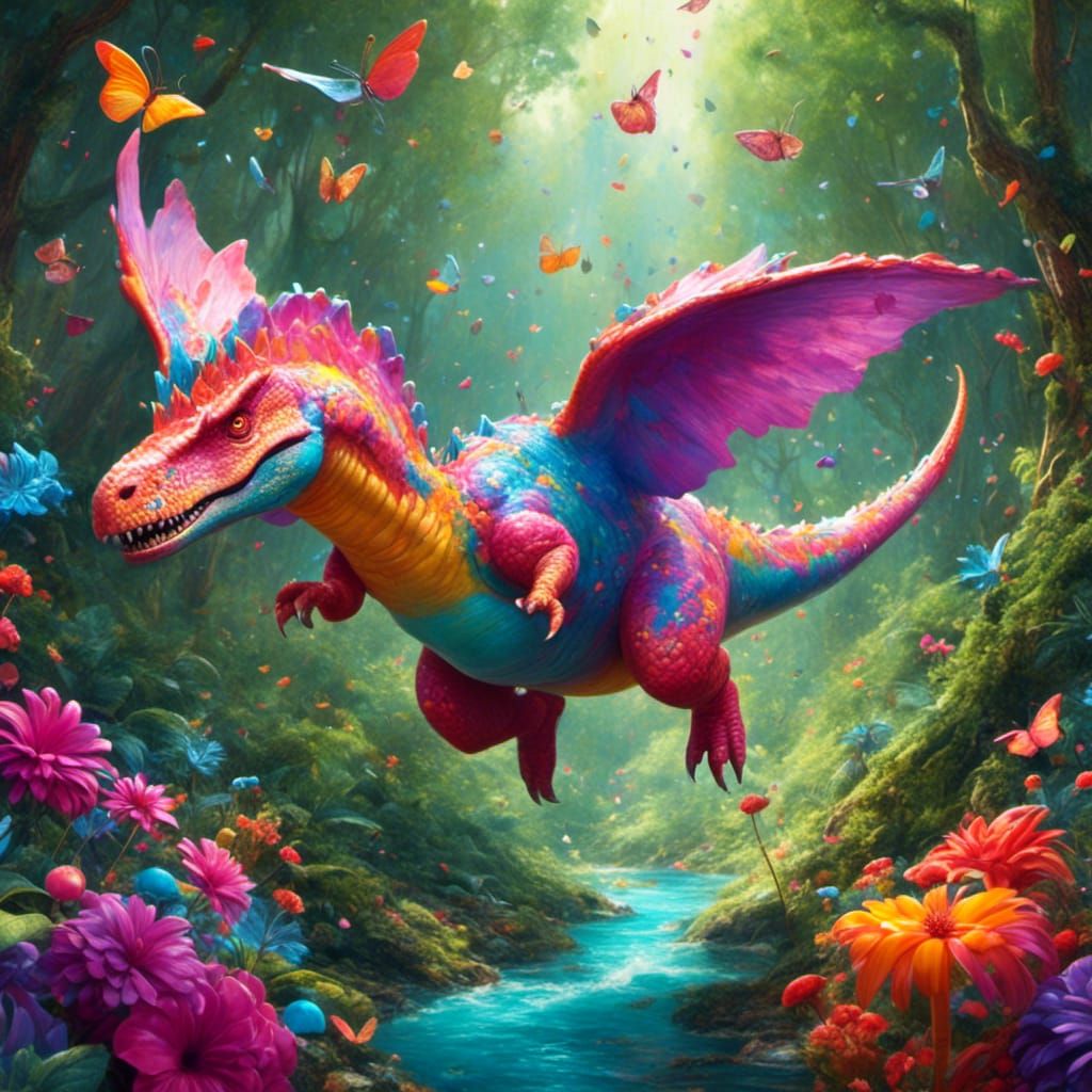 Colorful Dinosaur Flight Through Candy Wonderland