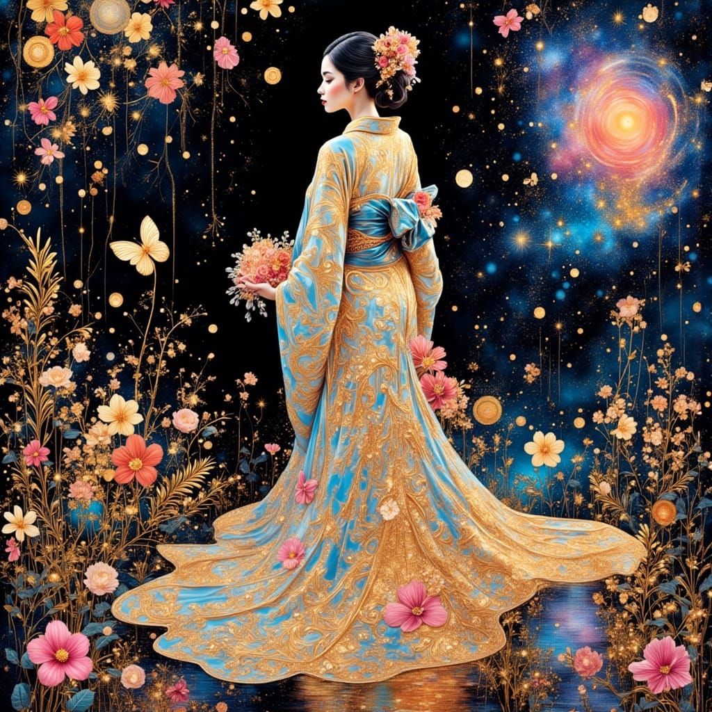 An elegant woman in a shimmering, iridescent kimono adorned with vibrant flowers that seem to bloom and cascade down its...