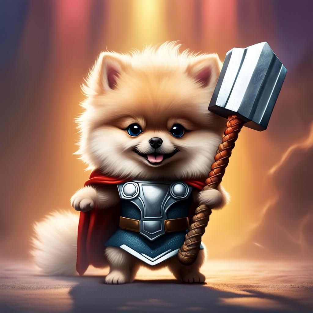 Pomeranian Puppy as Thor with Mjolnir Hammer