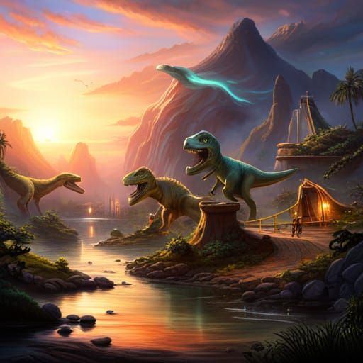Dinosaurs Playing Cards in Detailed Matte Painting