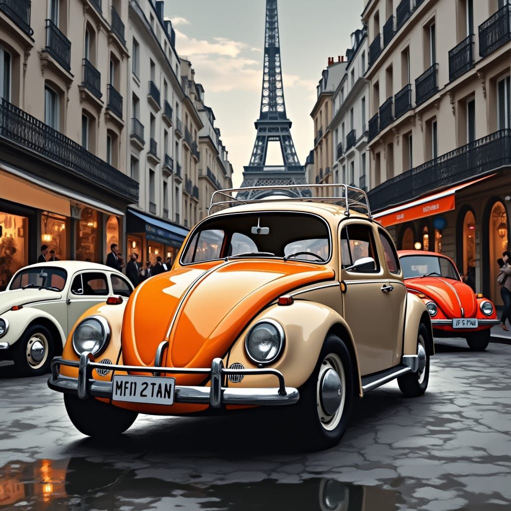 Vintage VW Beetle in Paris: Pop Art Illustration