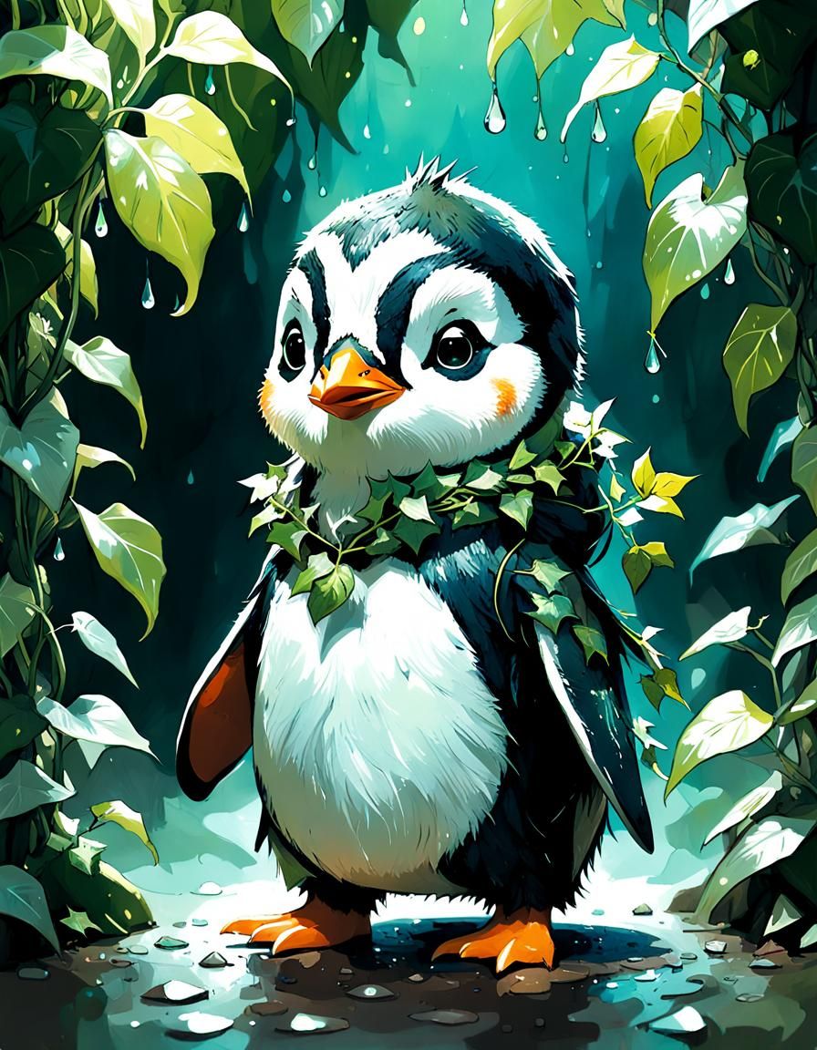 Stylized Penguin in Ivy Costume, Digital Painting