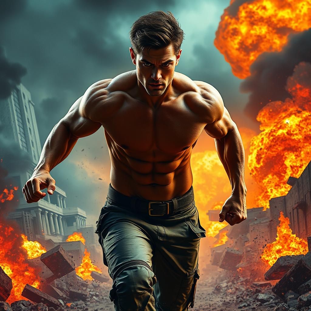 Male Action Hero Striding Through Explosions