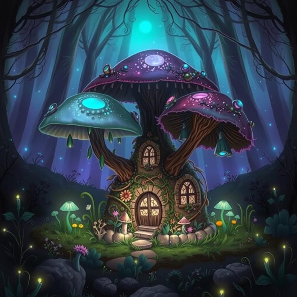 Fairy Mushroom House in Bioluminescent Forest