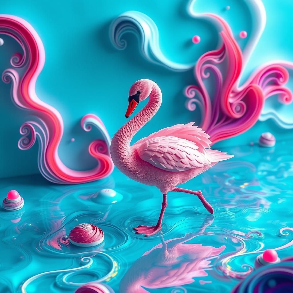 Pink Swan in Futuristic Oceanic Paradise