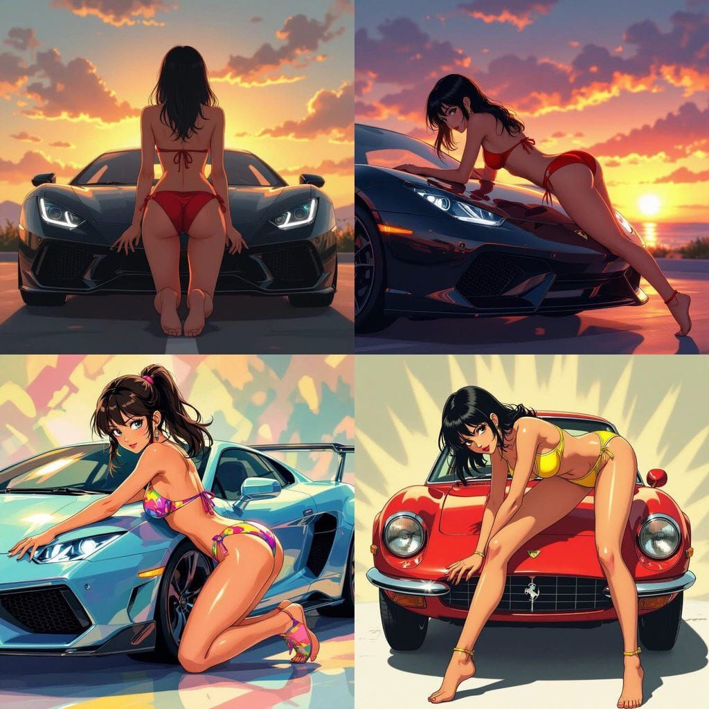 Anime Woman in Bikini Leans on Car Hood