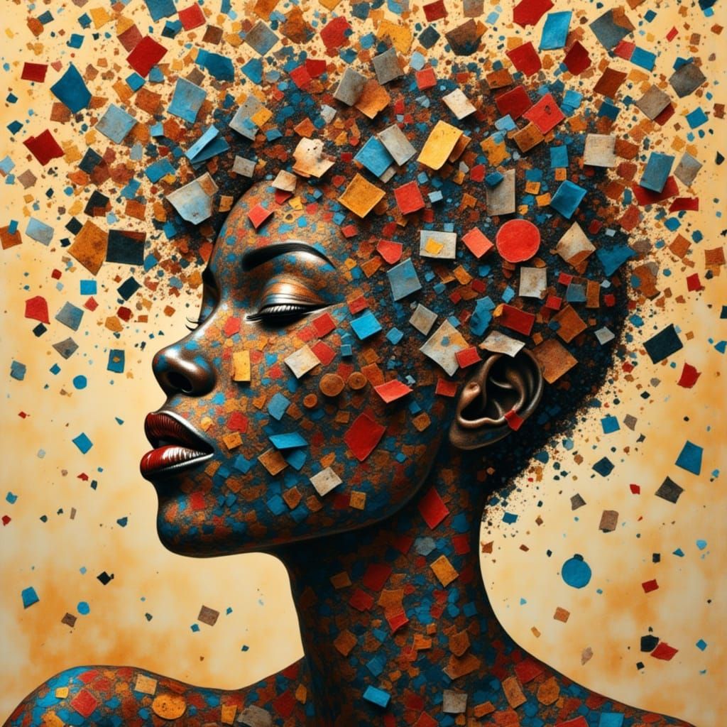 Abstract Black Woman Head Exploding in Mixed Media