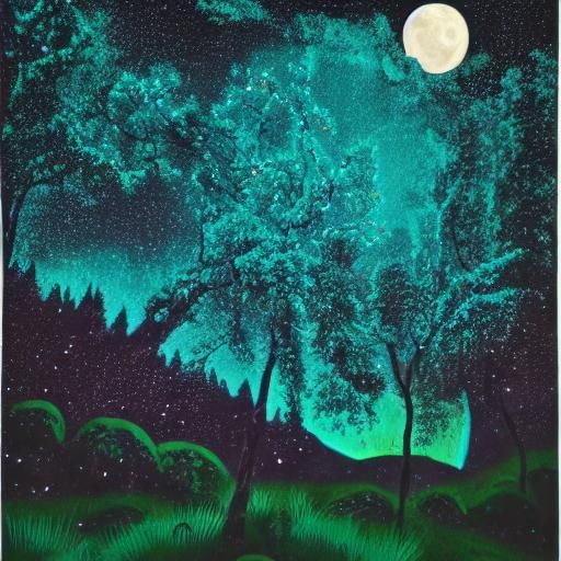 Bioluminescent Turquoise Forest with Moonlit Pixies