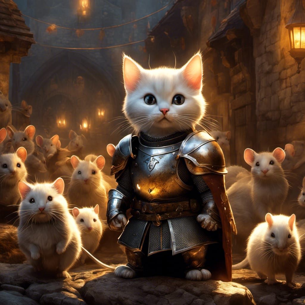 adorable medieval cat knight and mice fellows