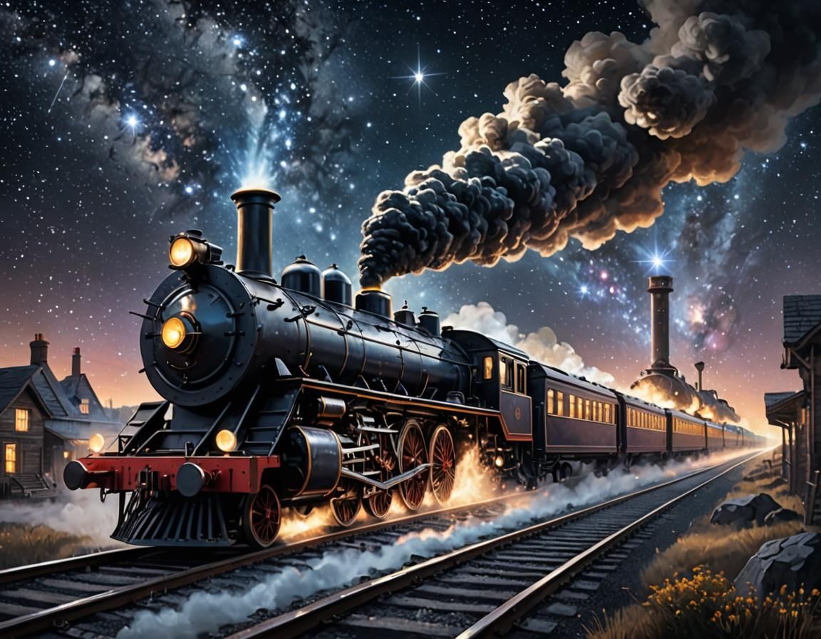 A steam engine made of pure starlight pulling a passenger tr...