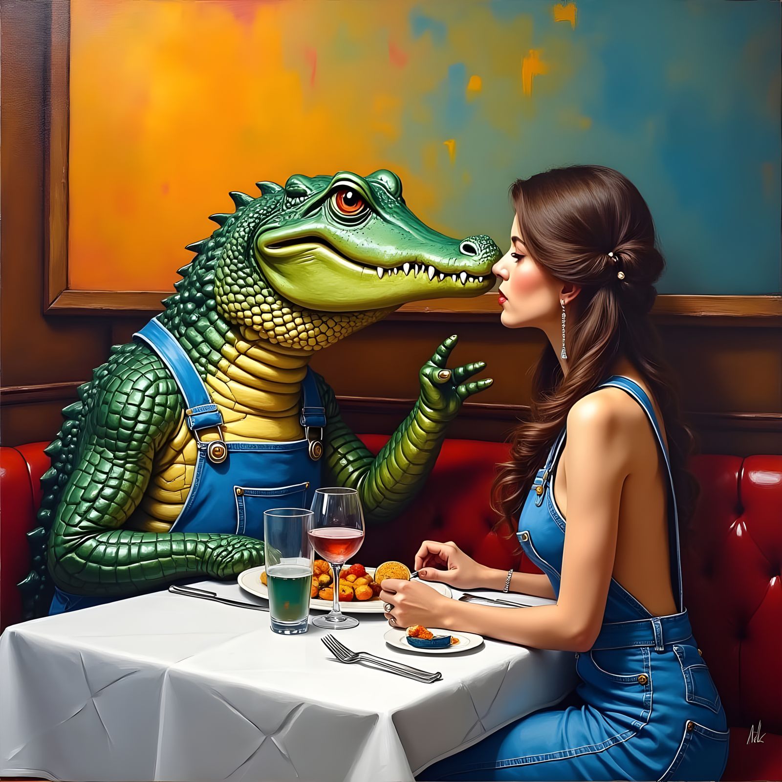 Alligator's Dinner Date: Expressionist Oil Painting