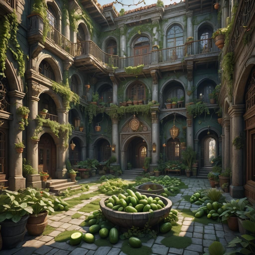 Detailed Cucumber Courtyard in Fantasy Concept Art