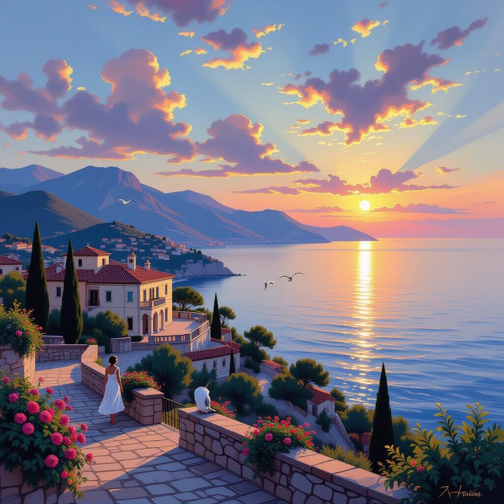 Italian Villa Coastal Sunset: Photorealistic Summer Landscap...
