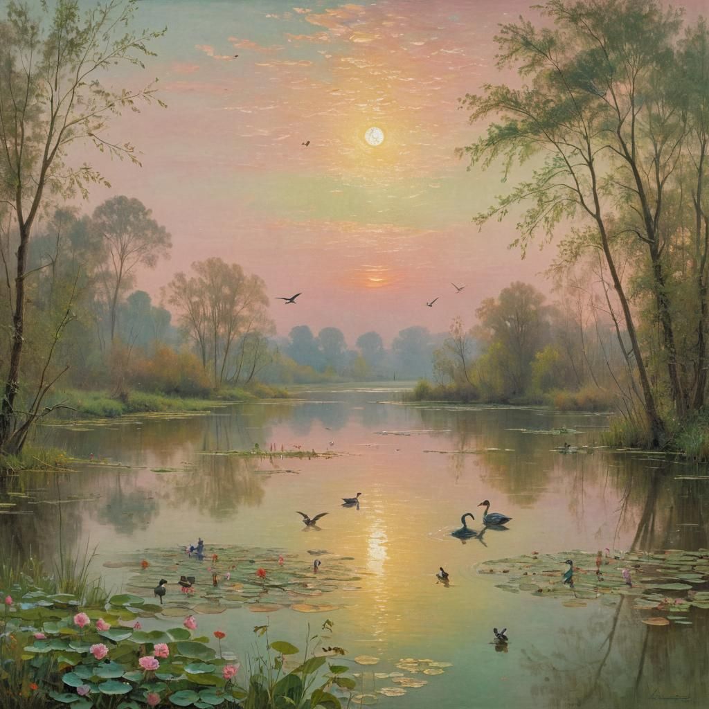 Sunrise Oil Painting with Water Birds