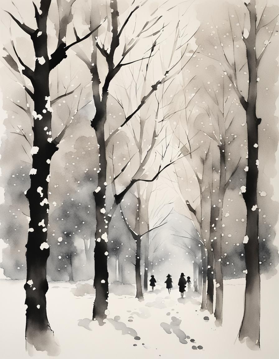 Surreal Parisian Winter Scene in Traditional Japanese Ink Wa...