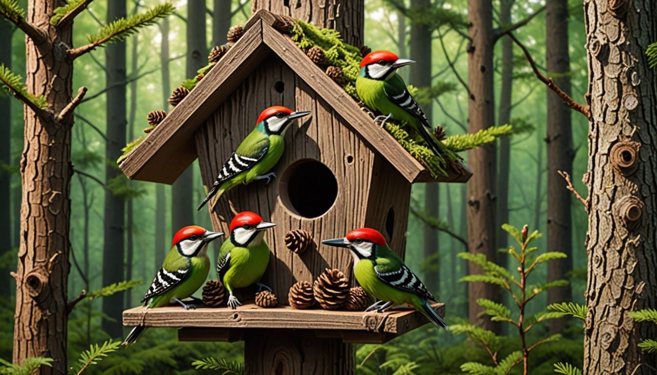 Woodpeckers Building a Birdhouse in Forest Scene