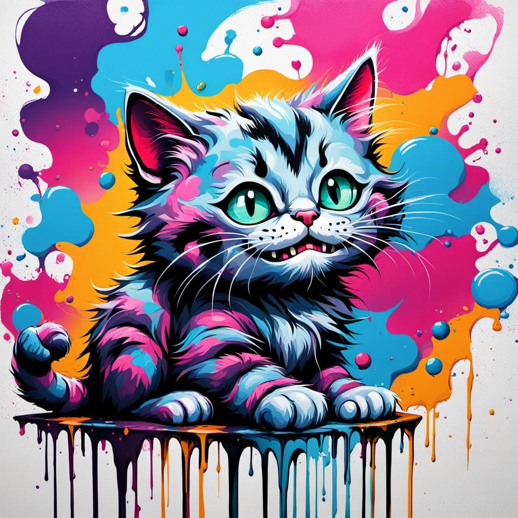 Kitten Chatting with Cheshire Cat in Graffiti Art
