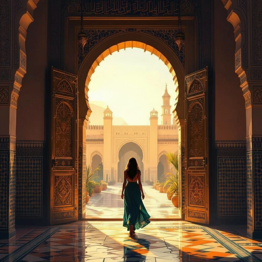 Golden Birdcage in Moroccan Temple at Sunset