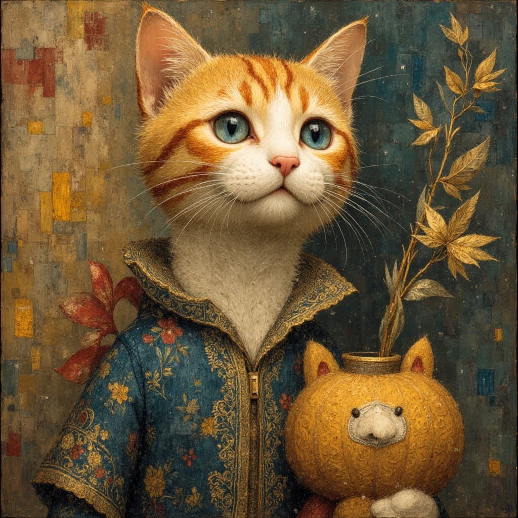 Brocade Cat in Earth and Pastel Style