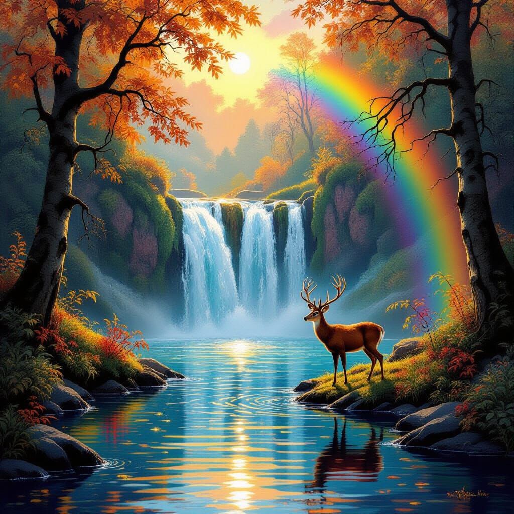 Majestic Waterfall with Rainbows and Deer in Autumn