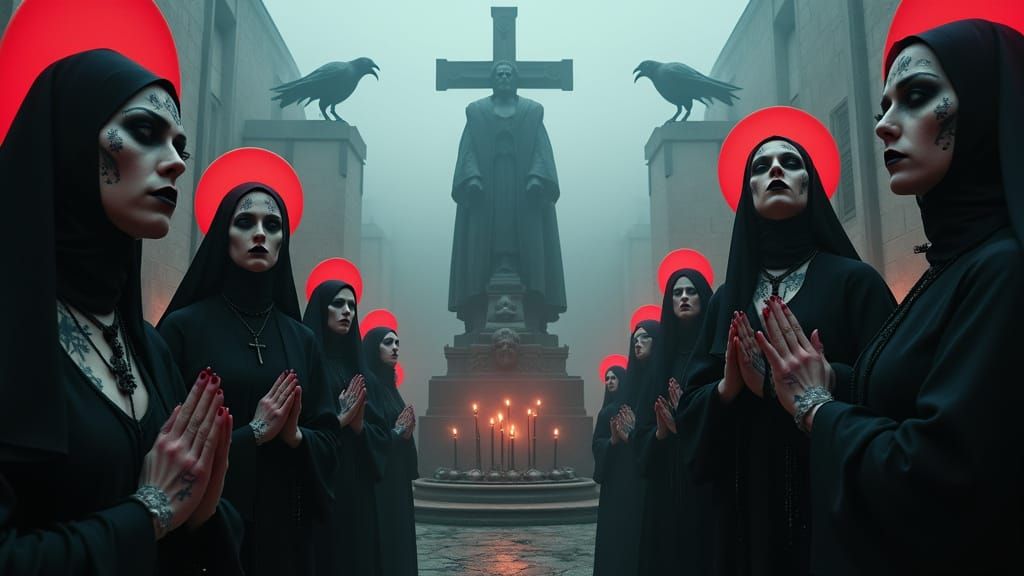 Dark Mystic Vampire Nuns in Gothic Horror Scene