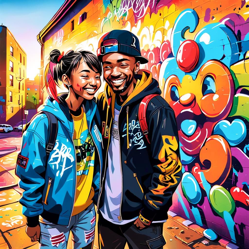 Vibrant Graffiti Art with Figures in Urban Landscape