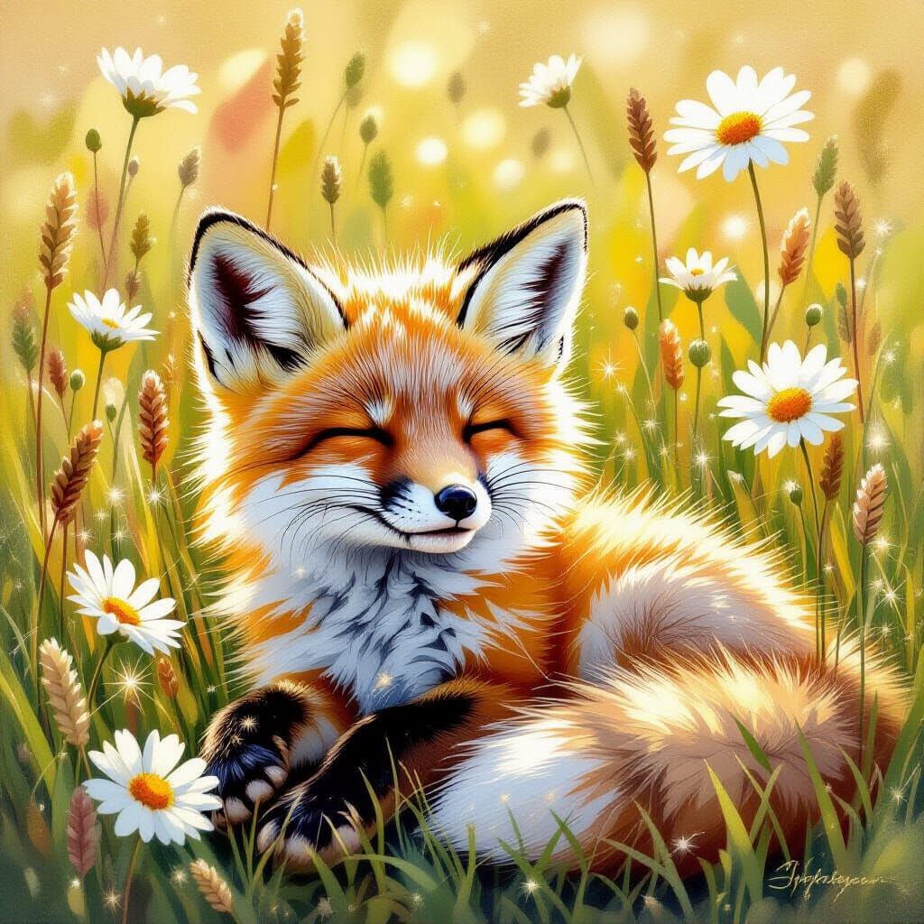 Fluffy Fox Cub in Summer Meadow: Oil Painting