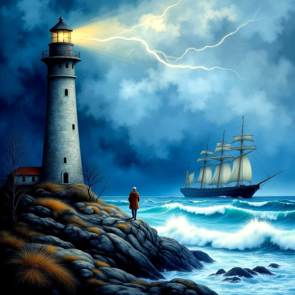 Lighthouse Keeper Observes Stormy Seas in Watercolor Style