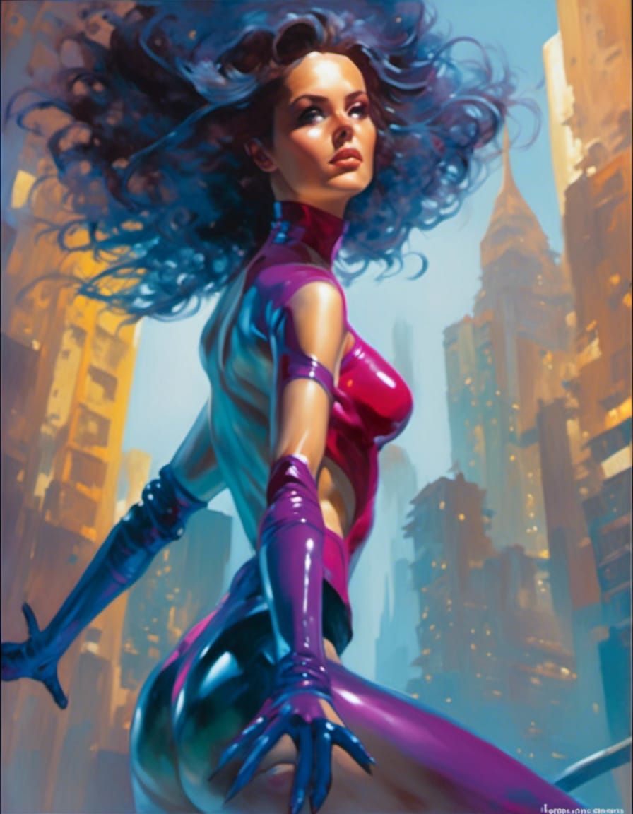 Latex Bikini Superheroine in Acrylic Style